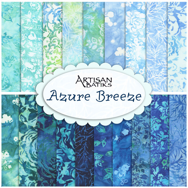 Collage image of fabrics included in the Azure Breeze FQ set.