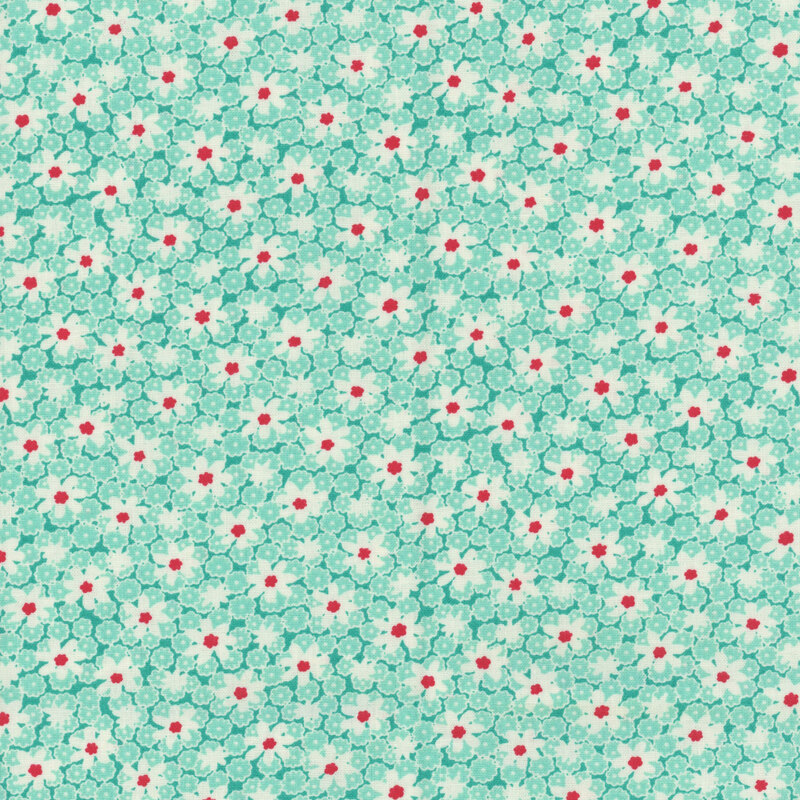 Aqua fabric with a floral pattern of small aqua flowers and white daisies with red accents.