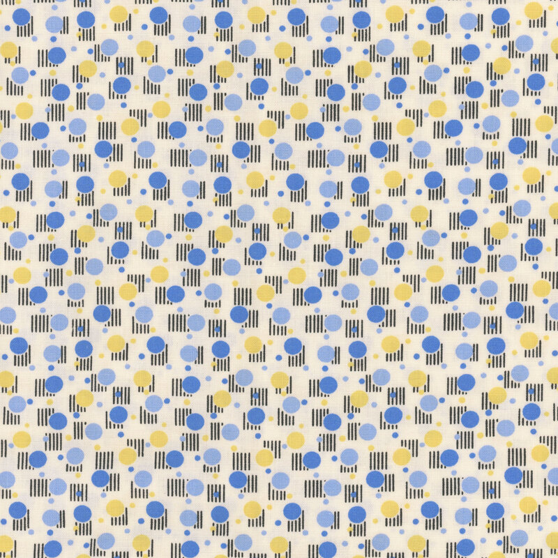 Cream-colored fabric with various blue and yellow dots and black lined squares.