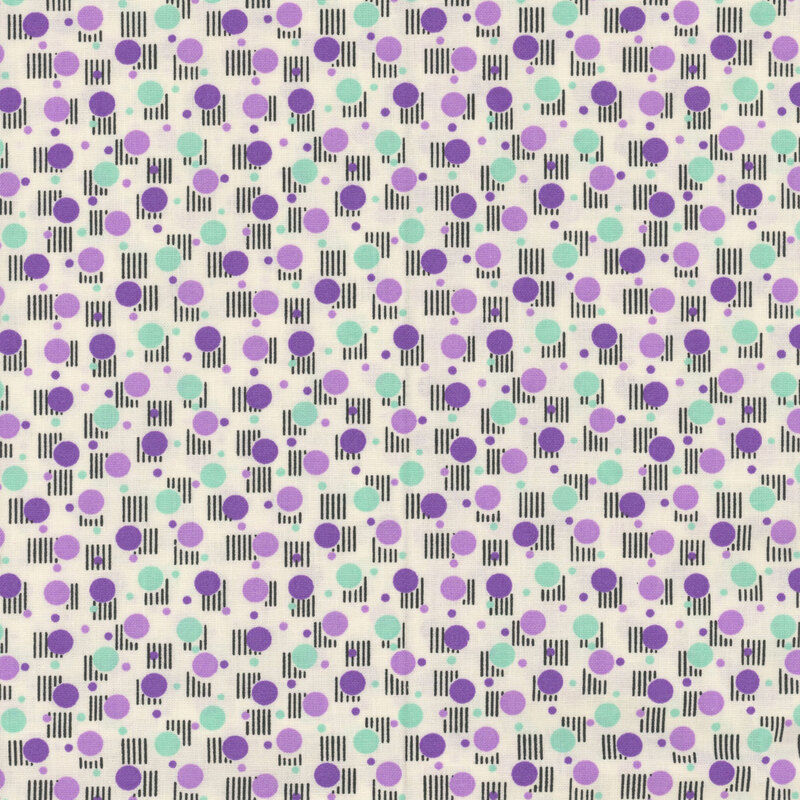 Cream-colored fabric with various purple and aqua dots and black lined squares.