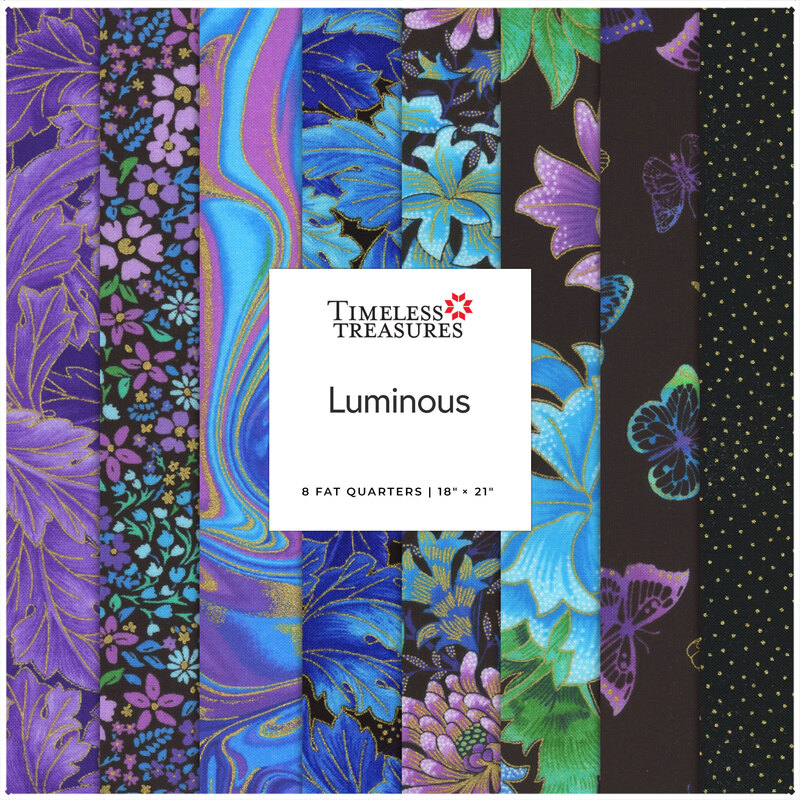 collage of fabrics in Luminous FQ set featuring bright prints in blue and purple