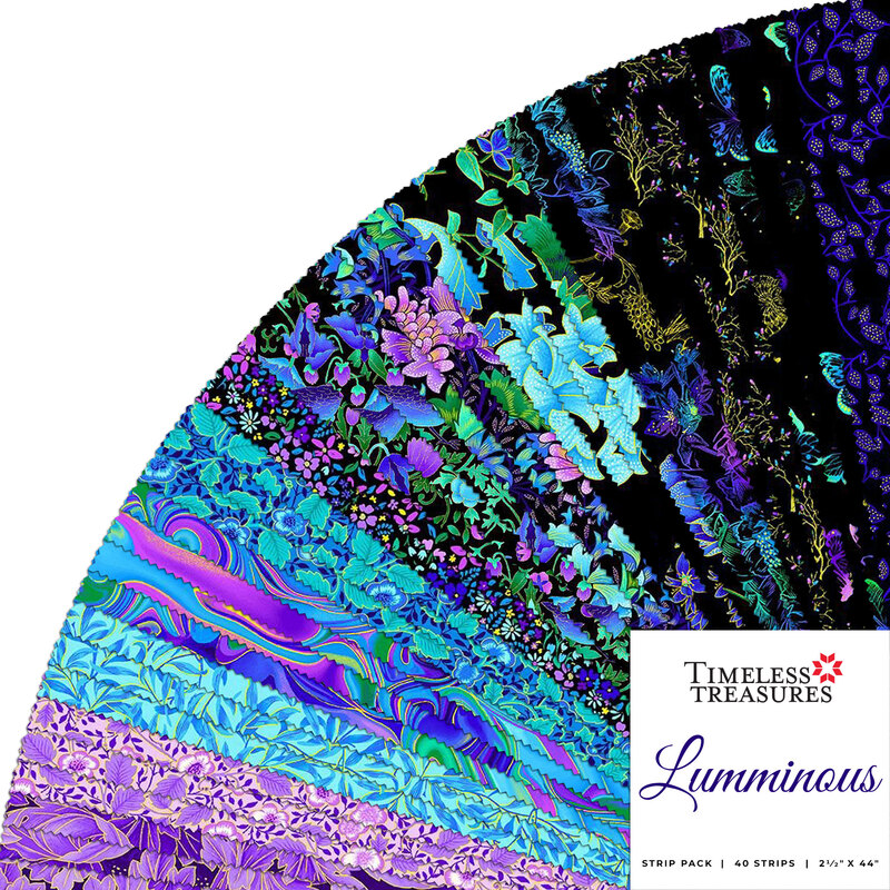 collage of fabrics in Luminous Jelly Roll featuring bright prints in blue and purple