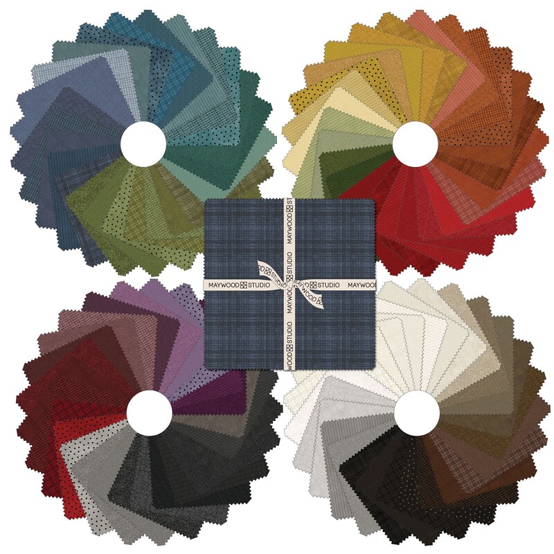 Color swatches of various fabrics arranged in circular patterns around a central plaid square bundle.