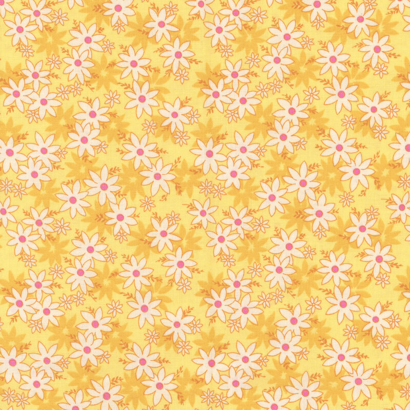 Yellow fabric with white daisies with pink accents.