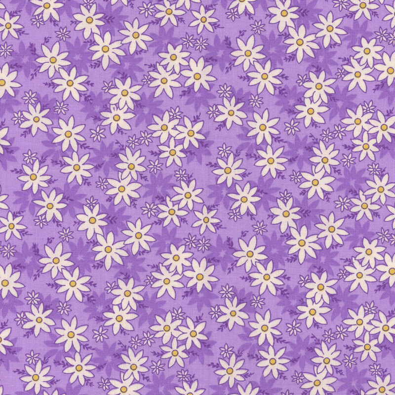 Purple fabric with white daisies with yellow accents.