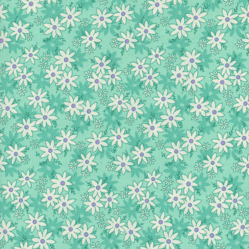 Aqua fabric with white daisies with purple accents.