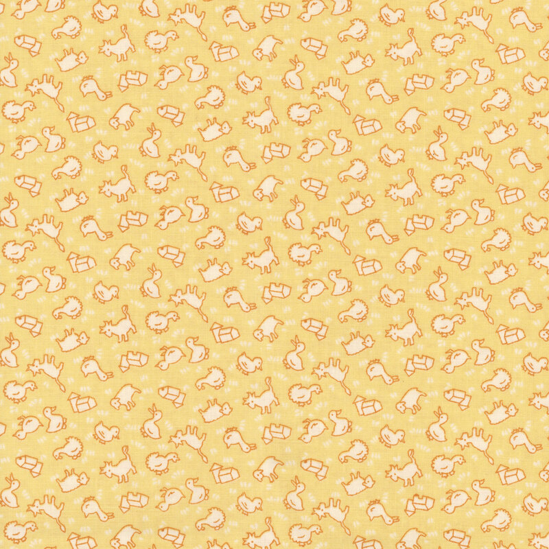 Yellow fabric with white farmyard animals.