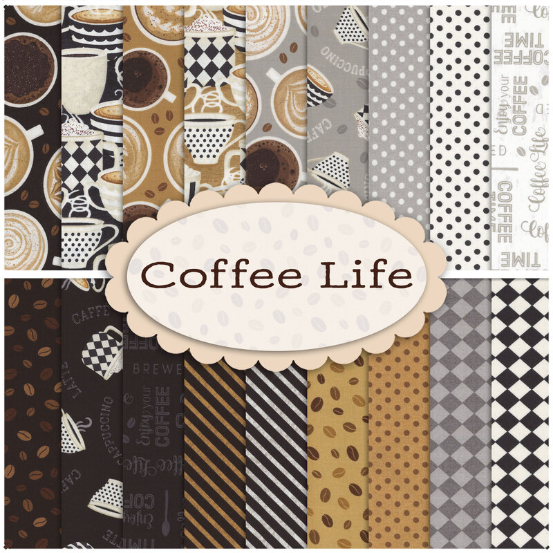 Collage of brown and gray coffee themed fabrics included in the Coffee Life collection.