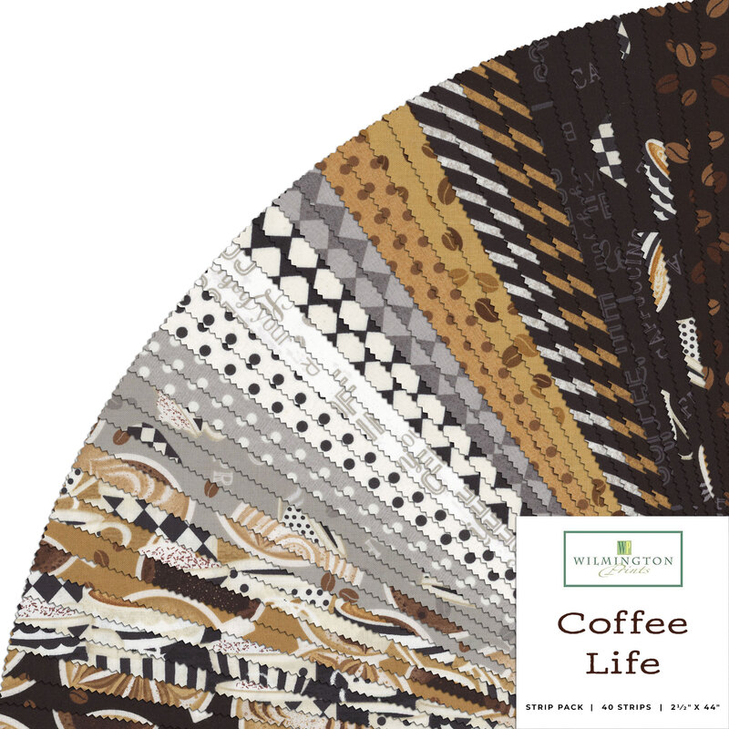 Collage of brown and gray coffee themed fabrics included in the Coffee Life collection.