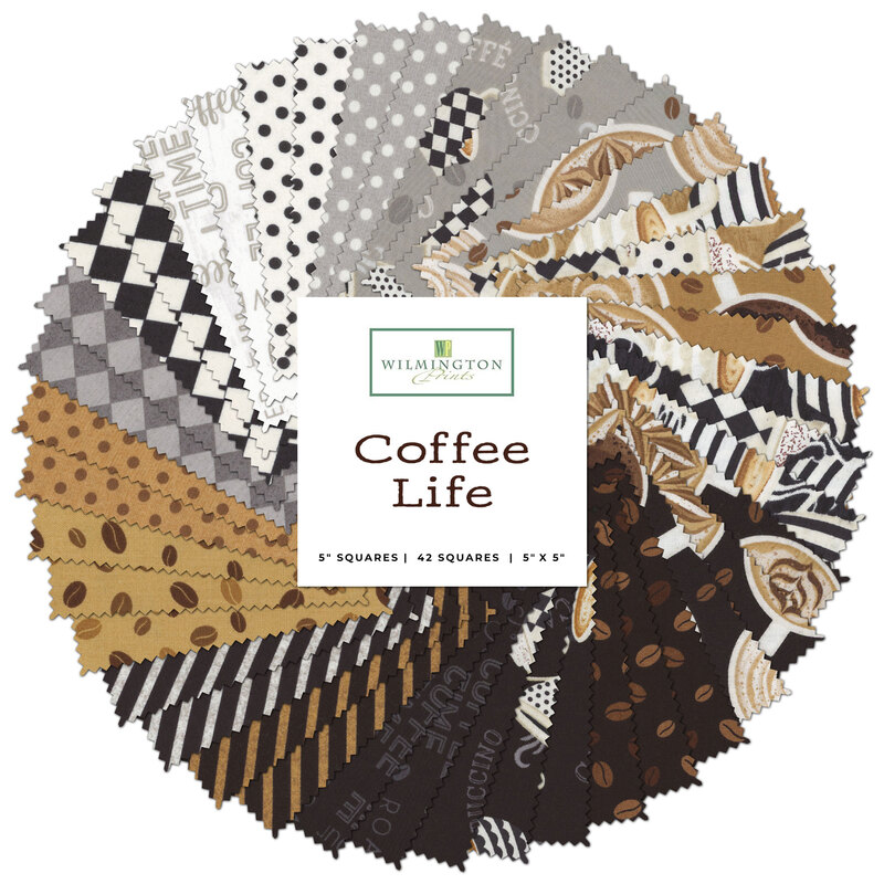 Collage of brown and gray coffee themed fabrics included in the Coffee Life collection.