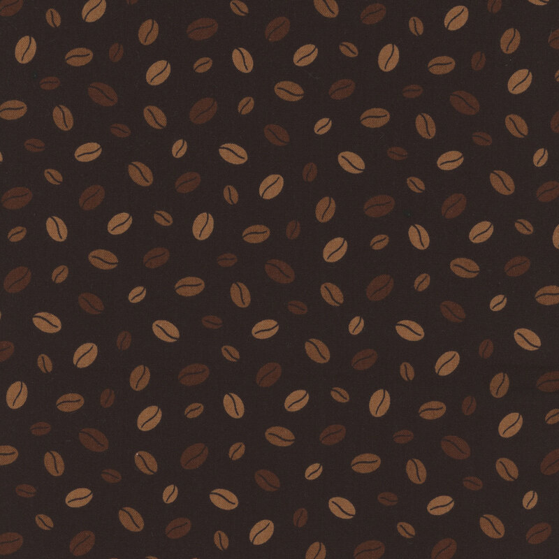 Black fabric with a pattern of loose scattered coffee beans.