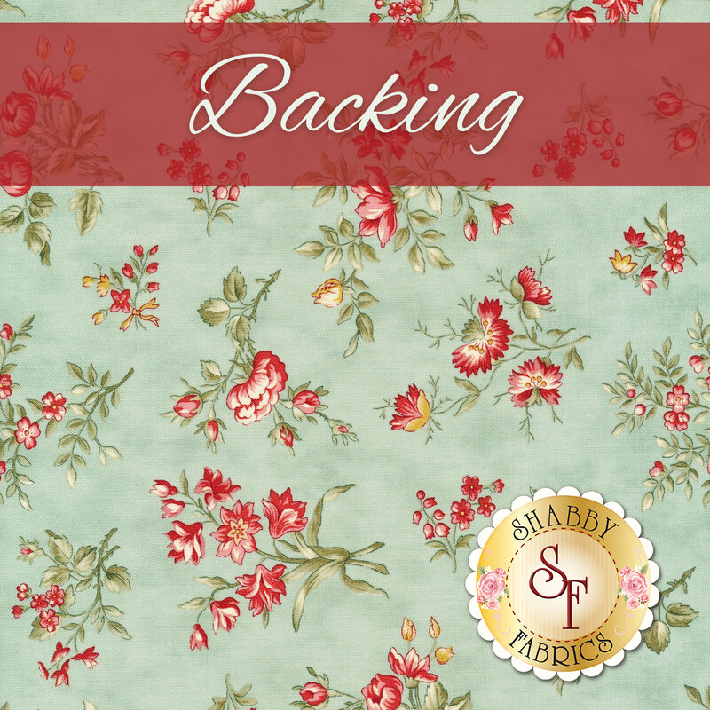 A light teal blue fabric with tossed red florals and green leaves and vines. At the top, a banner reads "Backing" and a golden Shabby Fabrics logo sits in the lower right corner.