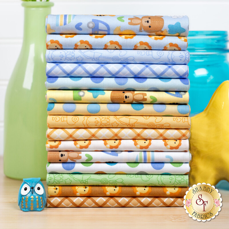 A stack of fabrics included in the Special Delivery fat quarter set