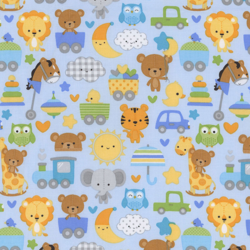 Blue fabric with baby animals, toys, and celestial icons all over