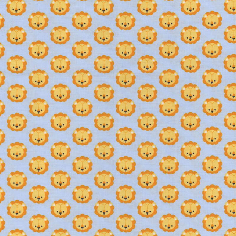 Brown fabric with small yellow lion heads in rows all over