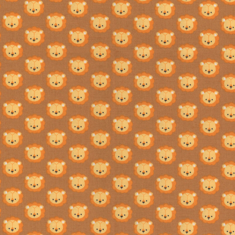 Brown fabric with small yellow lion heads in rows all over