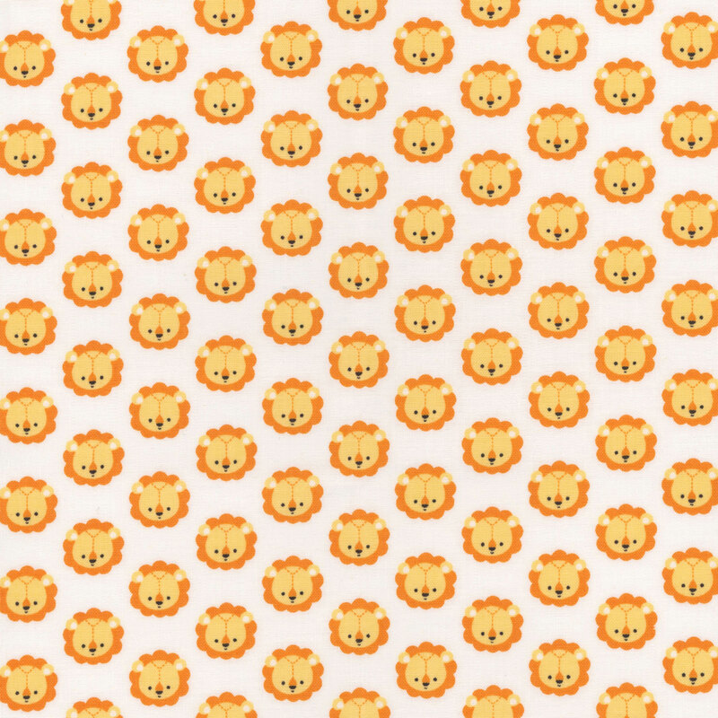 White fabric with small yellow lion heads in rows all over