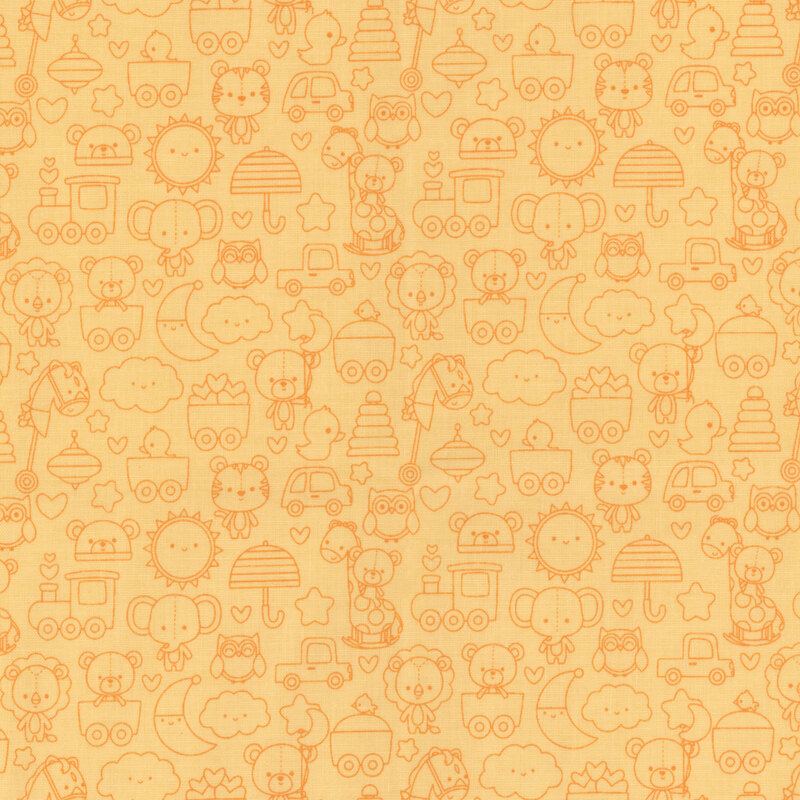 Yellow tone-on-tone fabric print featuring baby-themed icons all over.