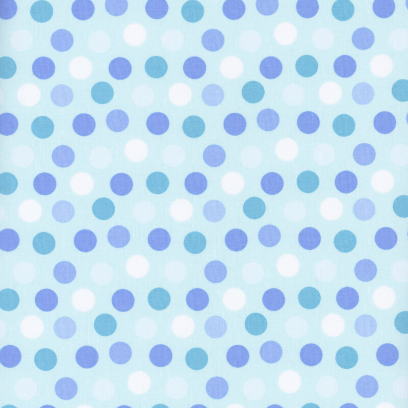 Light blue fabric with blue and white polka dots.