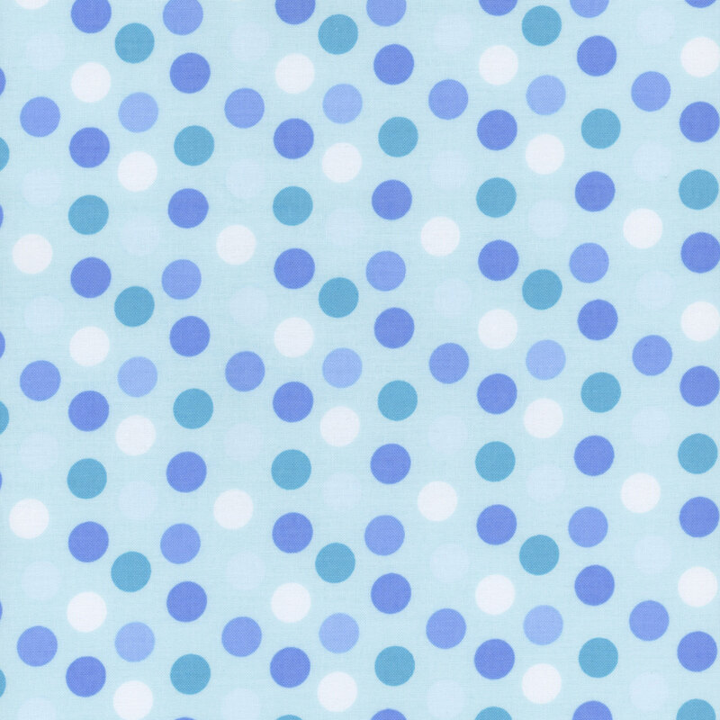 Light blue fabric with blue and white polka dots.