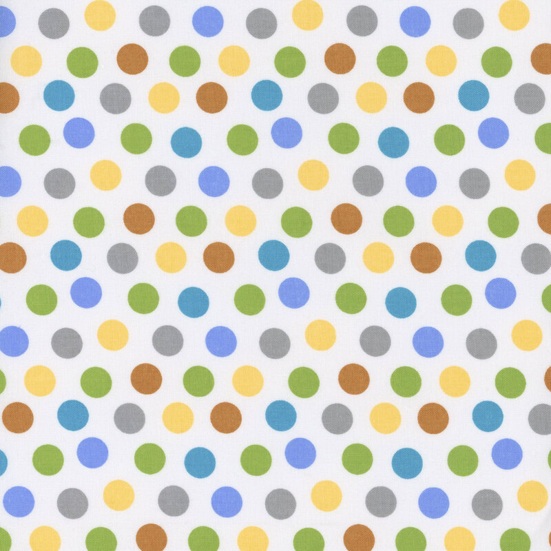 White fabric with blue, green, brown, yellow, and gray polka dots.