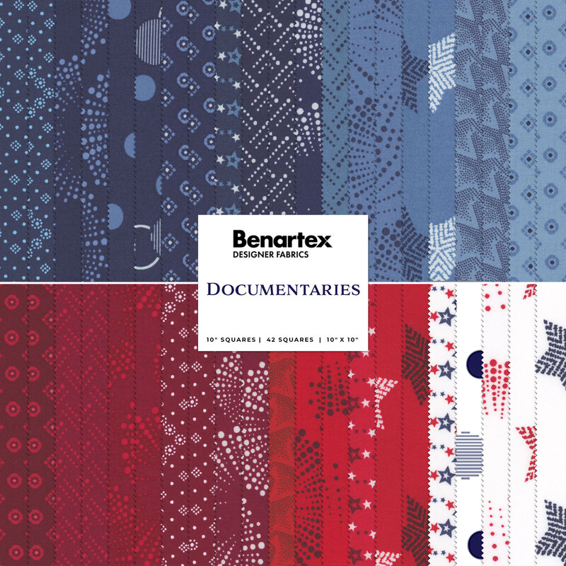 Collage of the red, white, and blue firework and star fabrics included in the Documentaries collection.