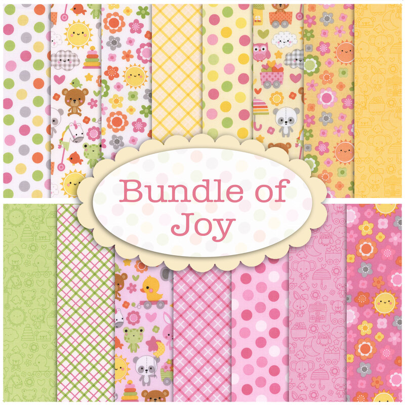 collage of the bundle of joy fabrics in soft pinks, whites, yellows, and greens