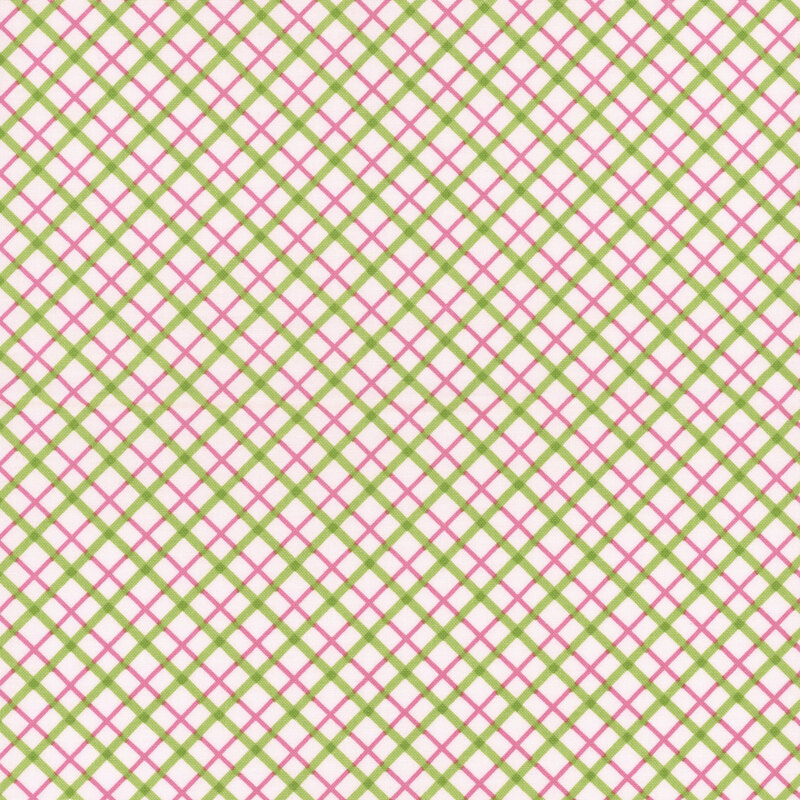 lovely white fabric featuring spring green and pink plaid