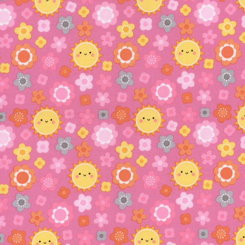 adorable pink fabric featuring scattered pink, gray, orange, and yellow flowers with the occasional smiling sun