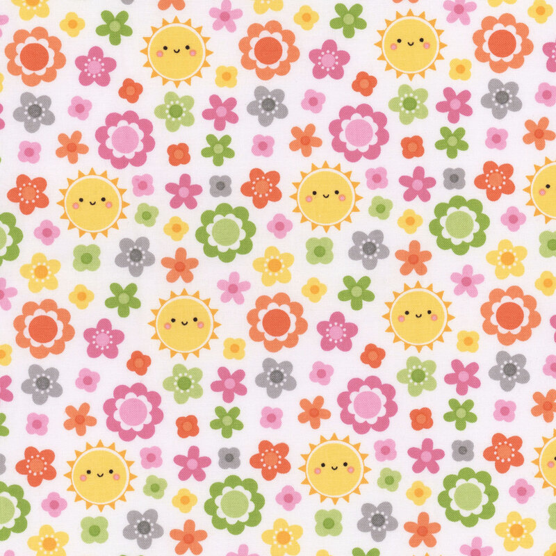 adorable white fabric featuring scattered pink, gray, orange, green, and yellow flowers with the occasional smiling sun