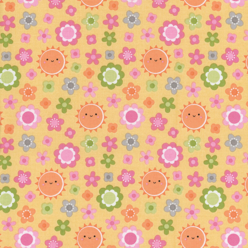 sunny yellow fabric featuring scattered pink, gray, orange, and green flowers with the occasional smiling sun