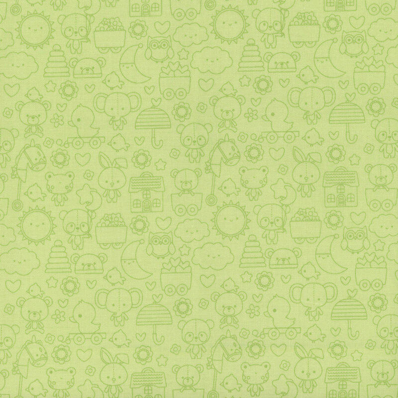 light sage green fabric featuring adorable tonal line art of stuffed animals, toys, suns, moons, and other cute motifs