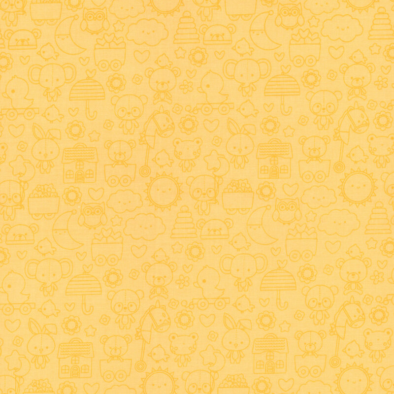 sunny yellow fabric featuring adorable tonal line art of stuffed animals, toys, suns, moons, and other cute motifs