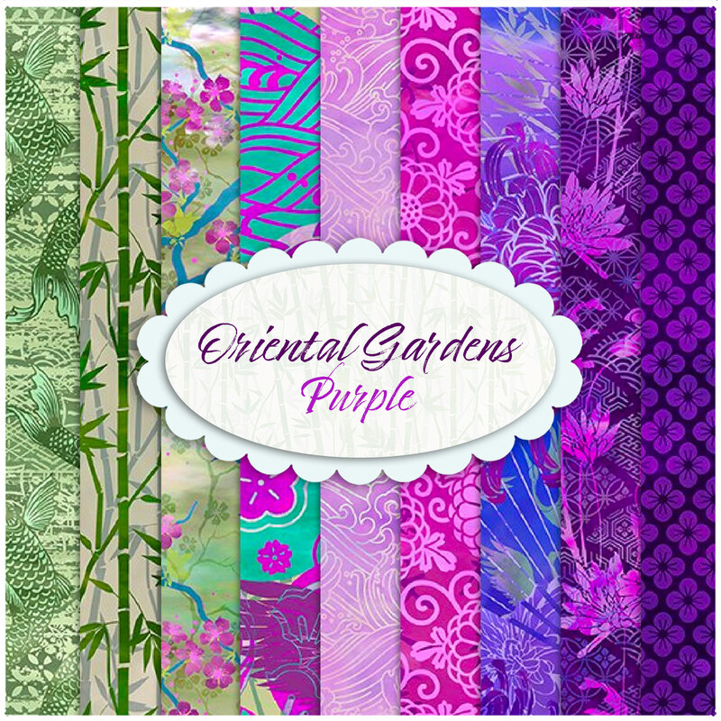 collage of the Oriental Gardens fabrics in the purple FQ set in shades of purple, green, magenta, and blue