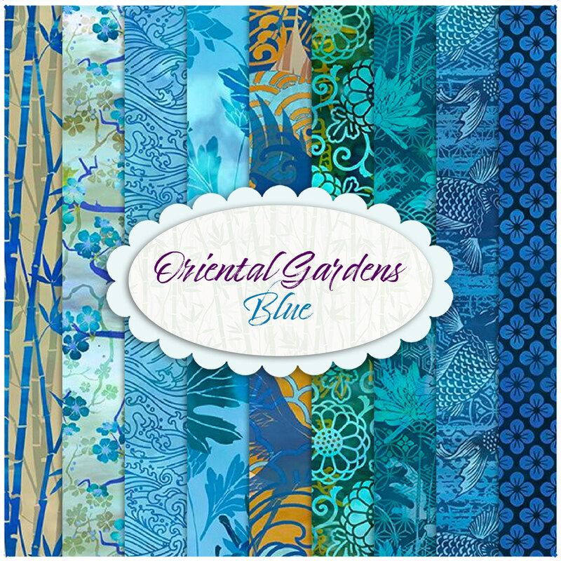 collage of the Oriental Gardens fabrics in the blue FQ set in shades of blue, teal, and aqua