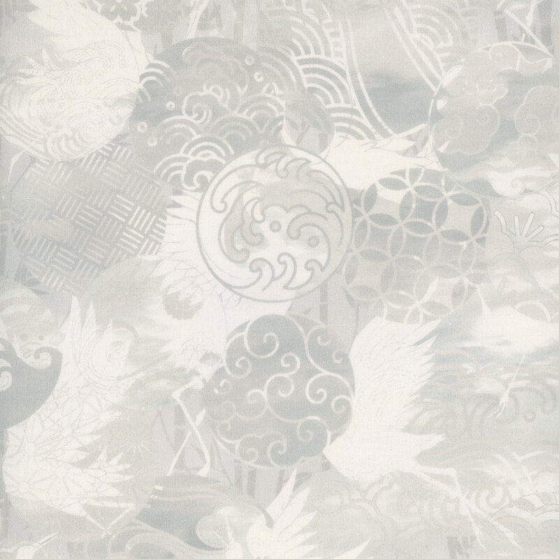 gorgeous white and fog gray fabric featuring scattered circles with different patterns in mottled shades, and the occasional crane flying through the circles