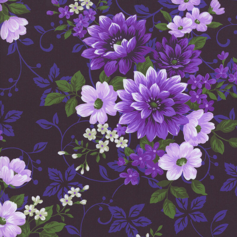 Deep purple fabric with violet vines and leaves and clusters of purple flowers.