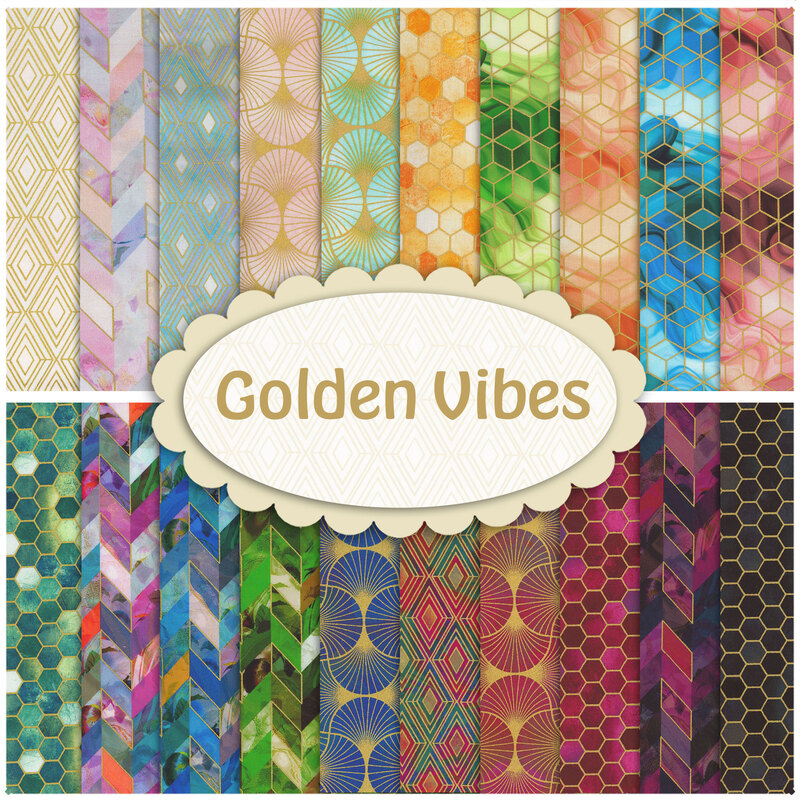 Collage of the colorful fabrics with metallic gold accents included in the Golden Vibes collection