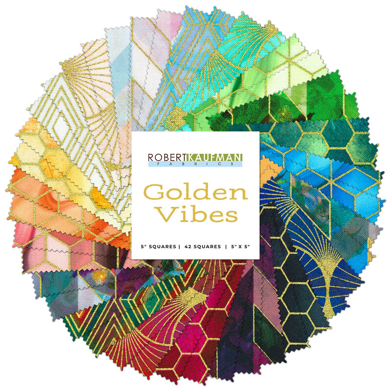 Collage of the colorful fabrics with metallic gold accents included in the Golden Vibes collection