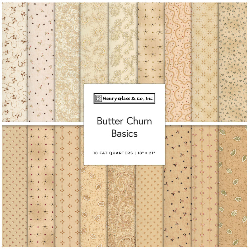 A collage of the tan and neutral fabrics included in the Butter Churn Basics FQ Set.