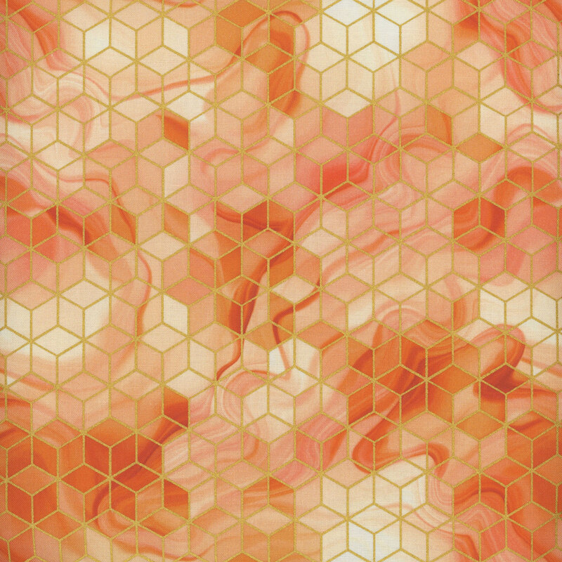 Orange mottled fabric with metallic gold accents in a cube pattern