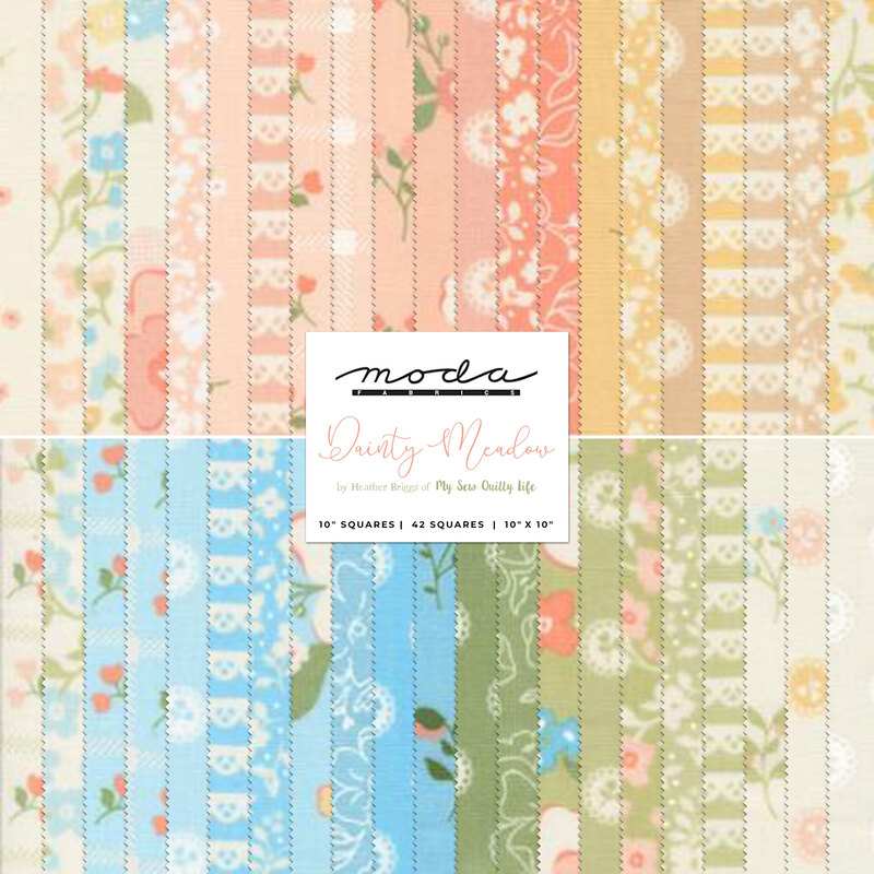 A pastel rainbow collage of the floral calico fabrics included in the Dainty Meadow collection.