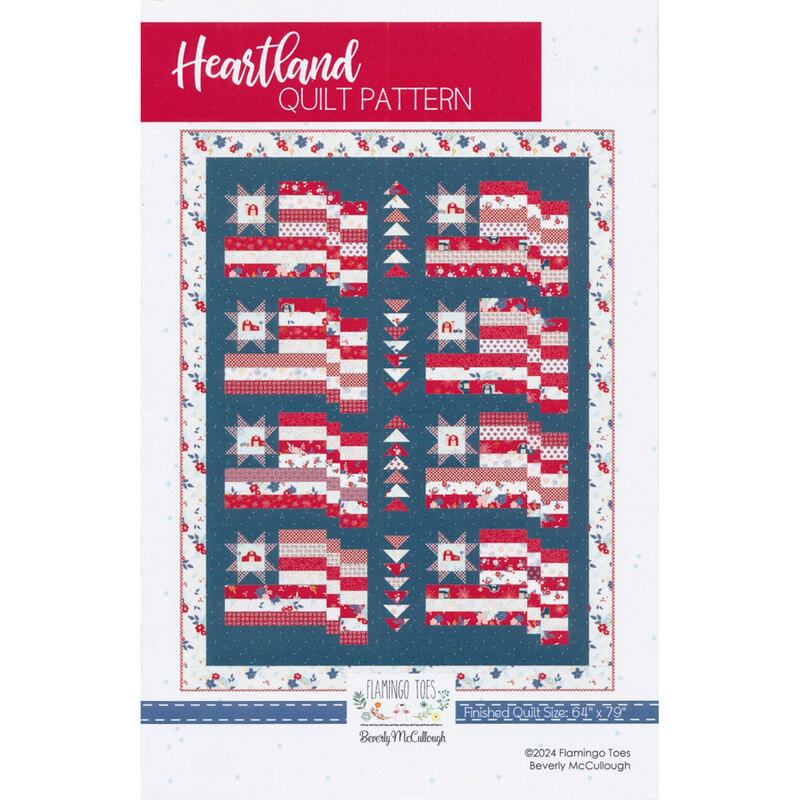 Front cover of the pattern showing a digital mockup of the completed quilt in blues, white, and red, isolated on a white background with various text graphics above and below.