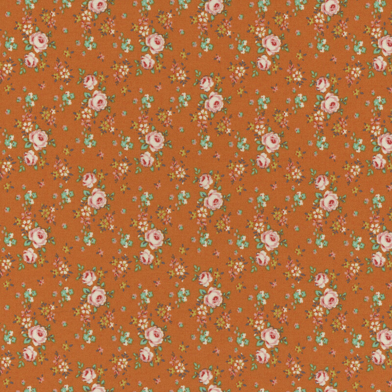 A repeating pattern of pink roses and small flowers on an orange background.