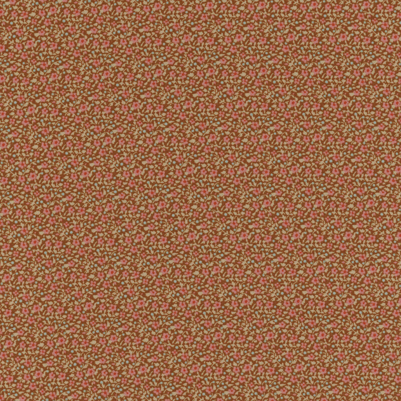 Repeating floral pattern with small pink flowers on a rust-colored background.