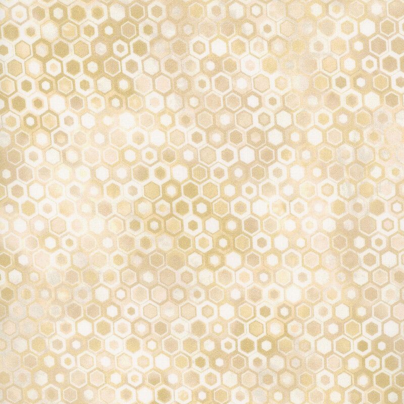 beautiful geometric fabric featuring a honeycomb pattern with nestled hexagons in lovely shades of cream, light brown, and tan mottling