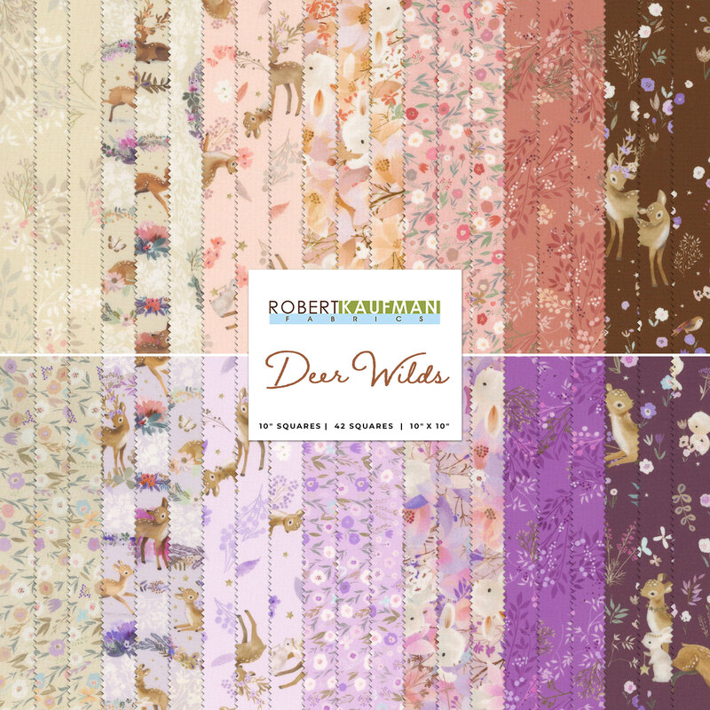 collage of all deer wilds fabrics in soft shades of pink, cream, purple, and brown