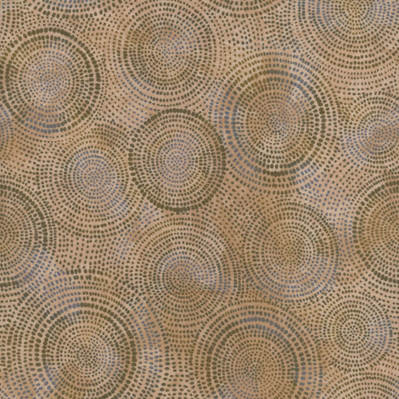 Photo of taupe mottled fabric with darker tonal rings made up of tiny dashes