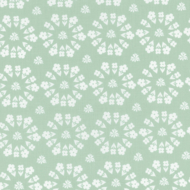 pale aqua fabric featuring a circular design of florals