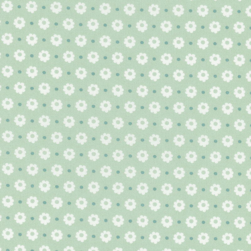 pale aqua fabric featuring white flower heads and aqua dots